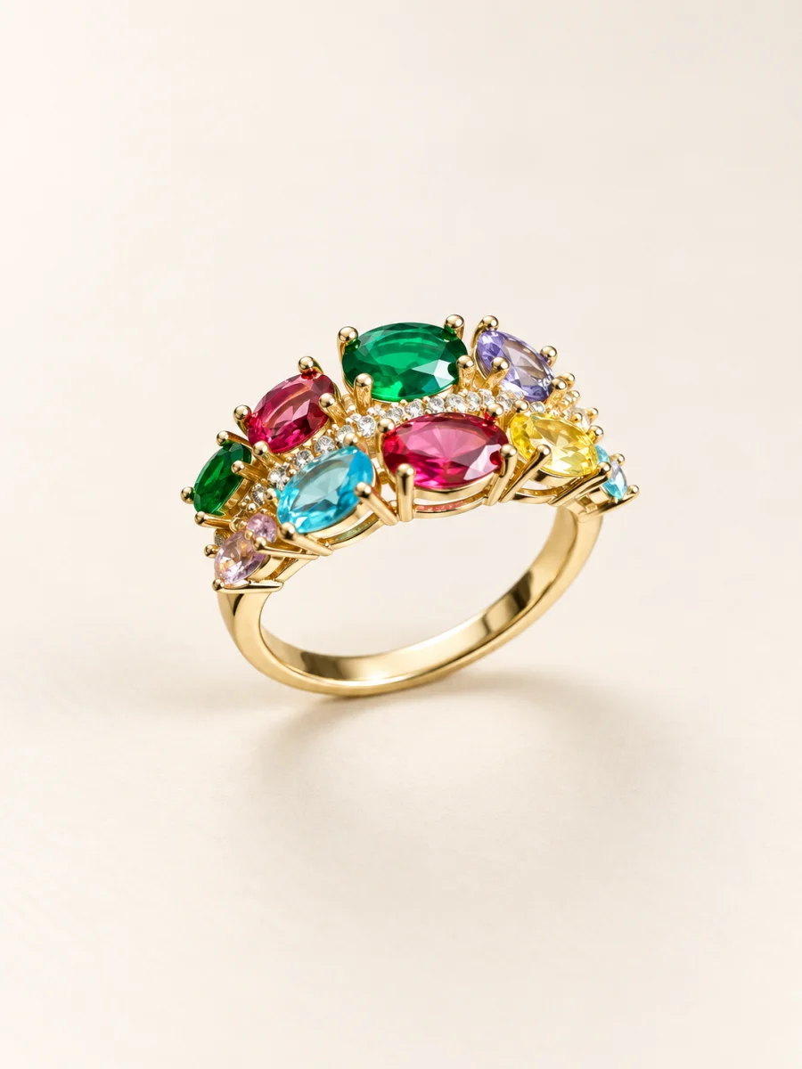 Anel dourado com pedras coloridas sobre fundo bege