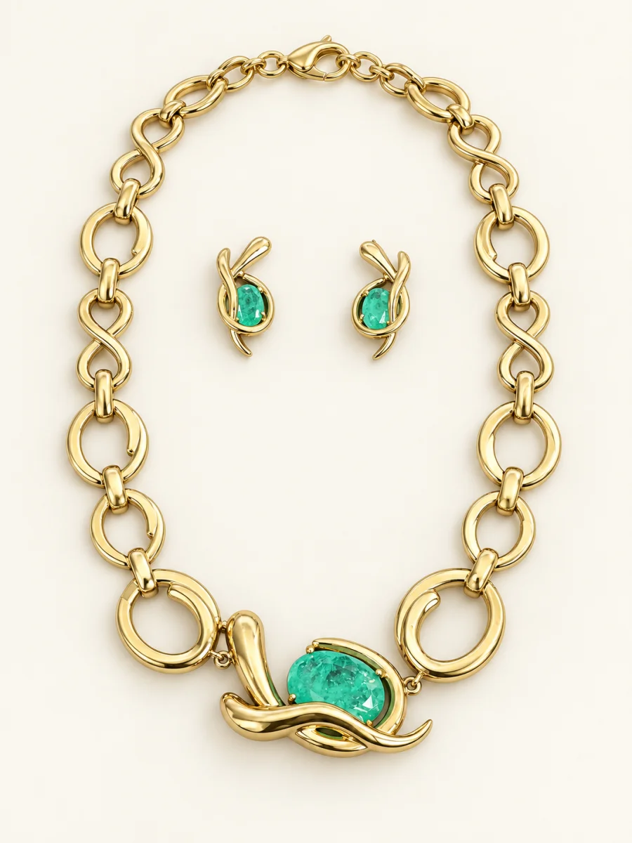 Conjunto dourado de elos com pedra verde em fundo bege