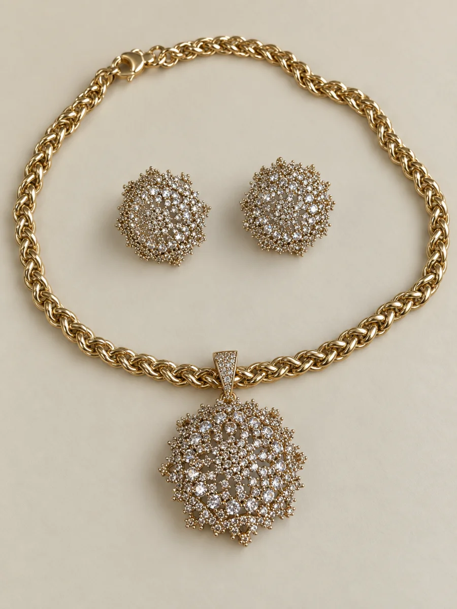 Conjunto dourado floral cravejado em fundo bege