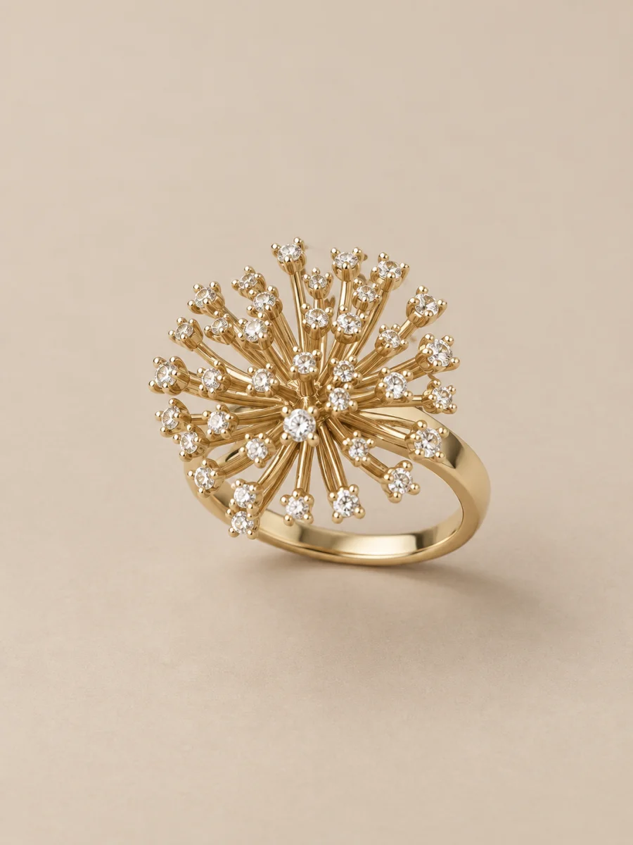 Anel dourado dente-de-leão com pedras claras — fundo bege