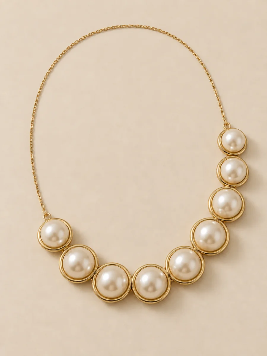 Colar dourado com esferas peroladas em fundo bege