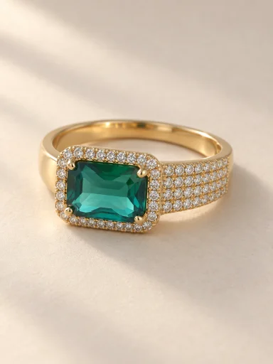Anel dourado com pedra verde retangular sobre fundo bege