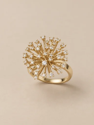 Anel dourado dente-de-leão com pedras claras — fundo bege